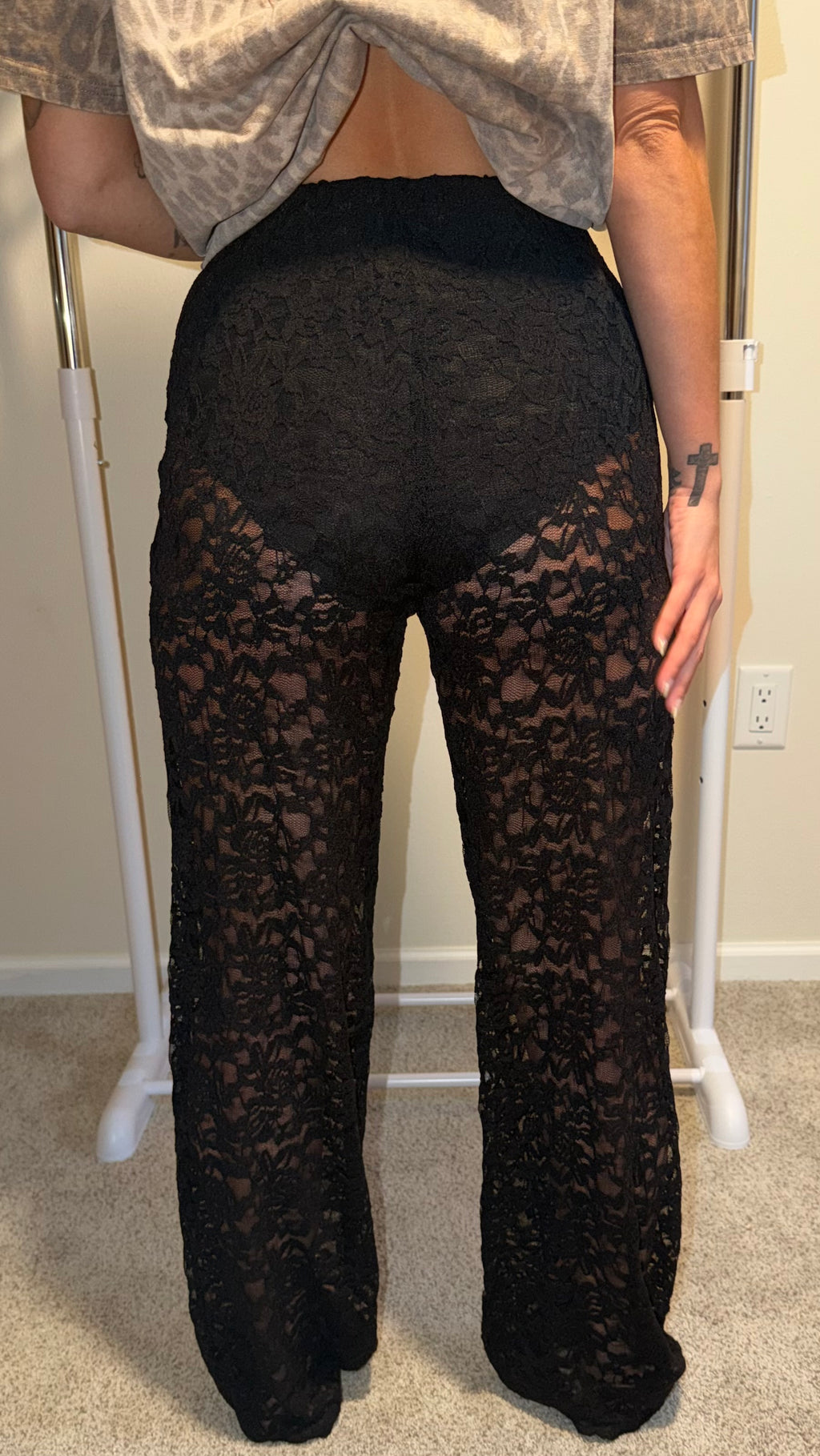 Sheer Lace Straight Leg Pants with Lining