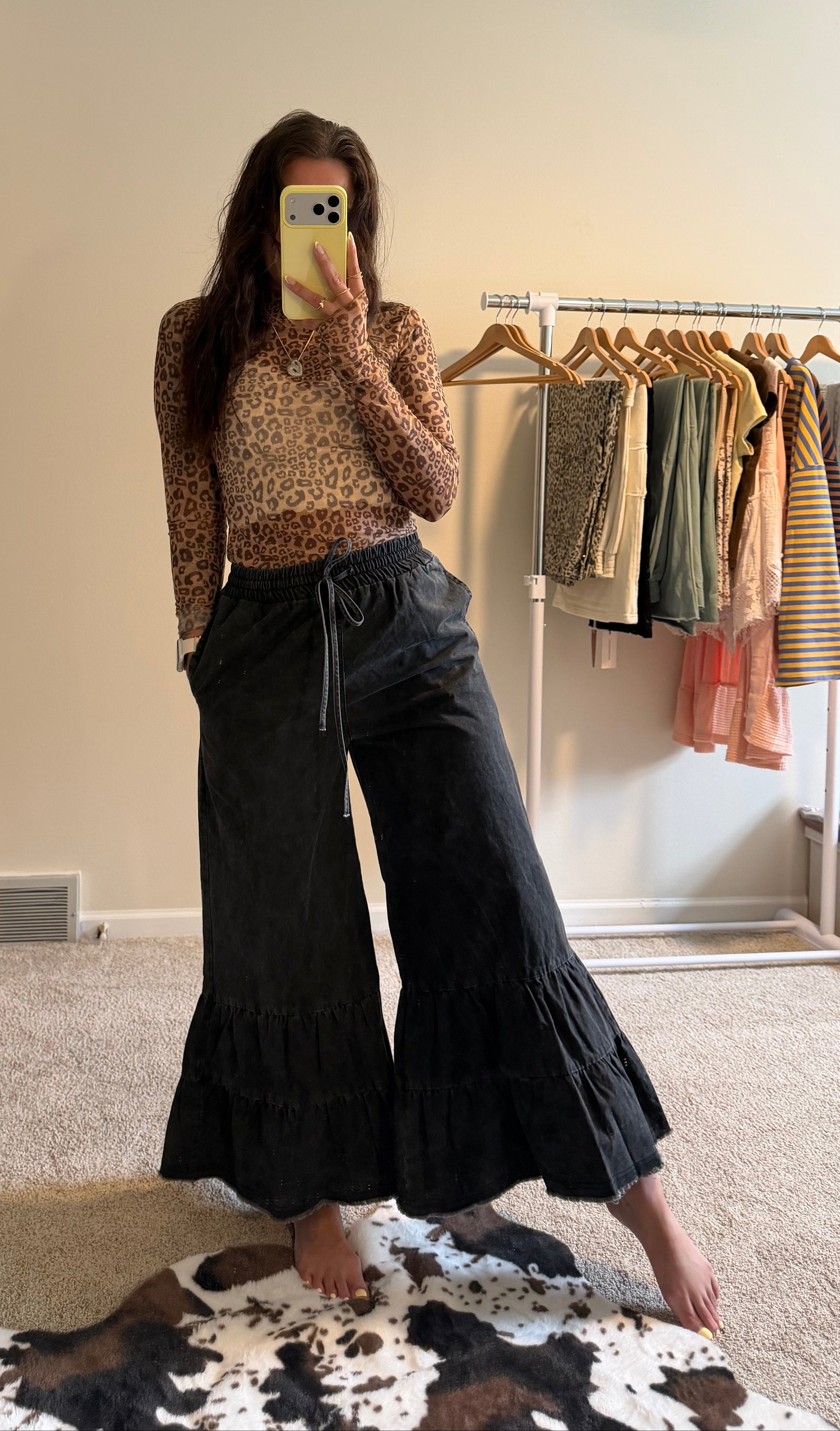 Stone Washed Woven Tiered Ruffle Wide Leg Pants