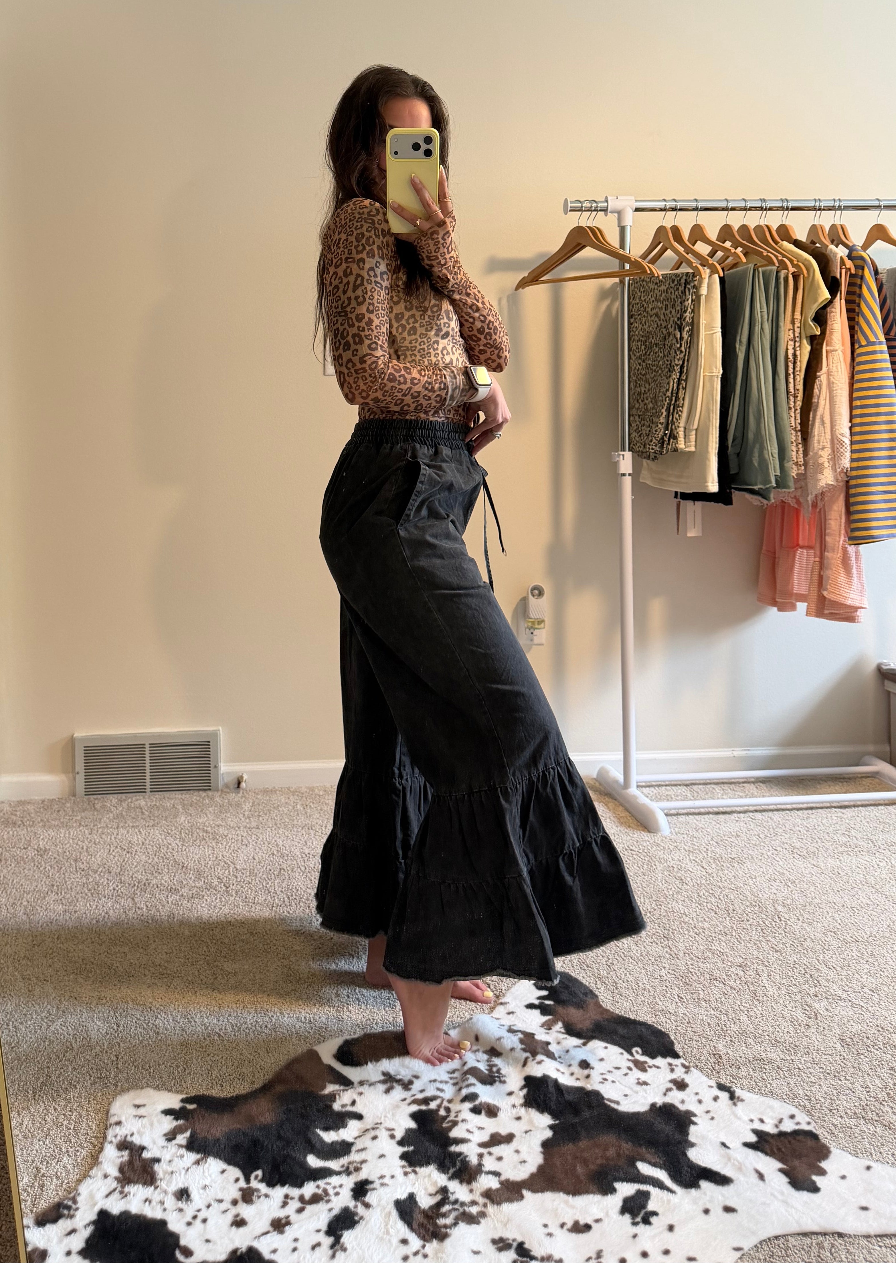 Stone Washed Woven Tiered Ruffle Wide Leg Pants