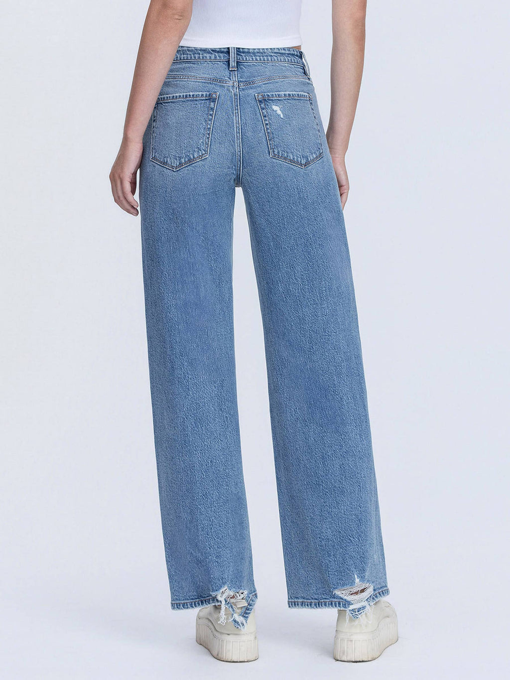 High Rise Medium Wash Distressed Wide Leg Jeans