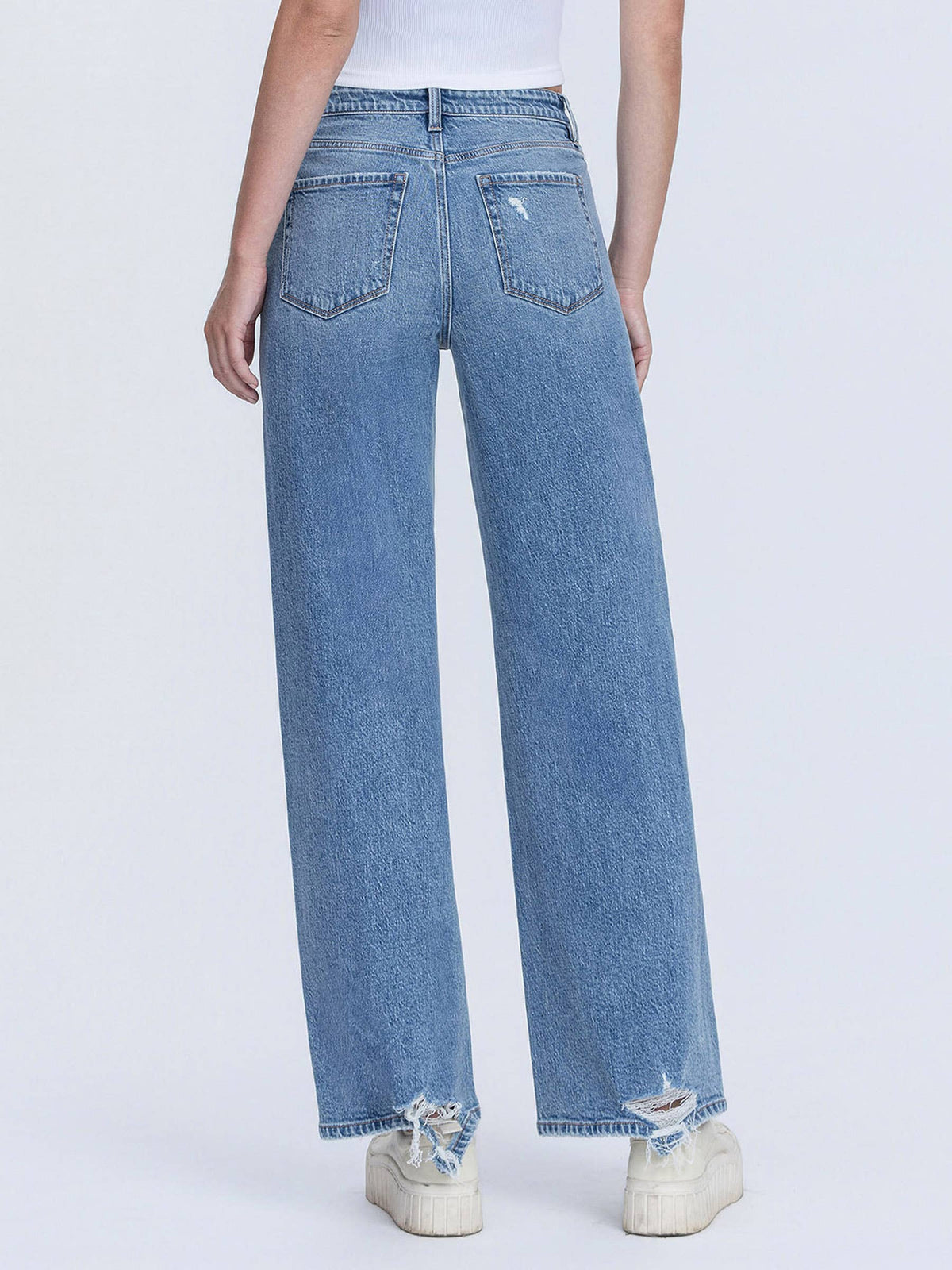 High Rise Medium Wash Distressed Wide Leg Jeans