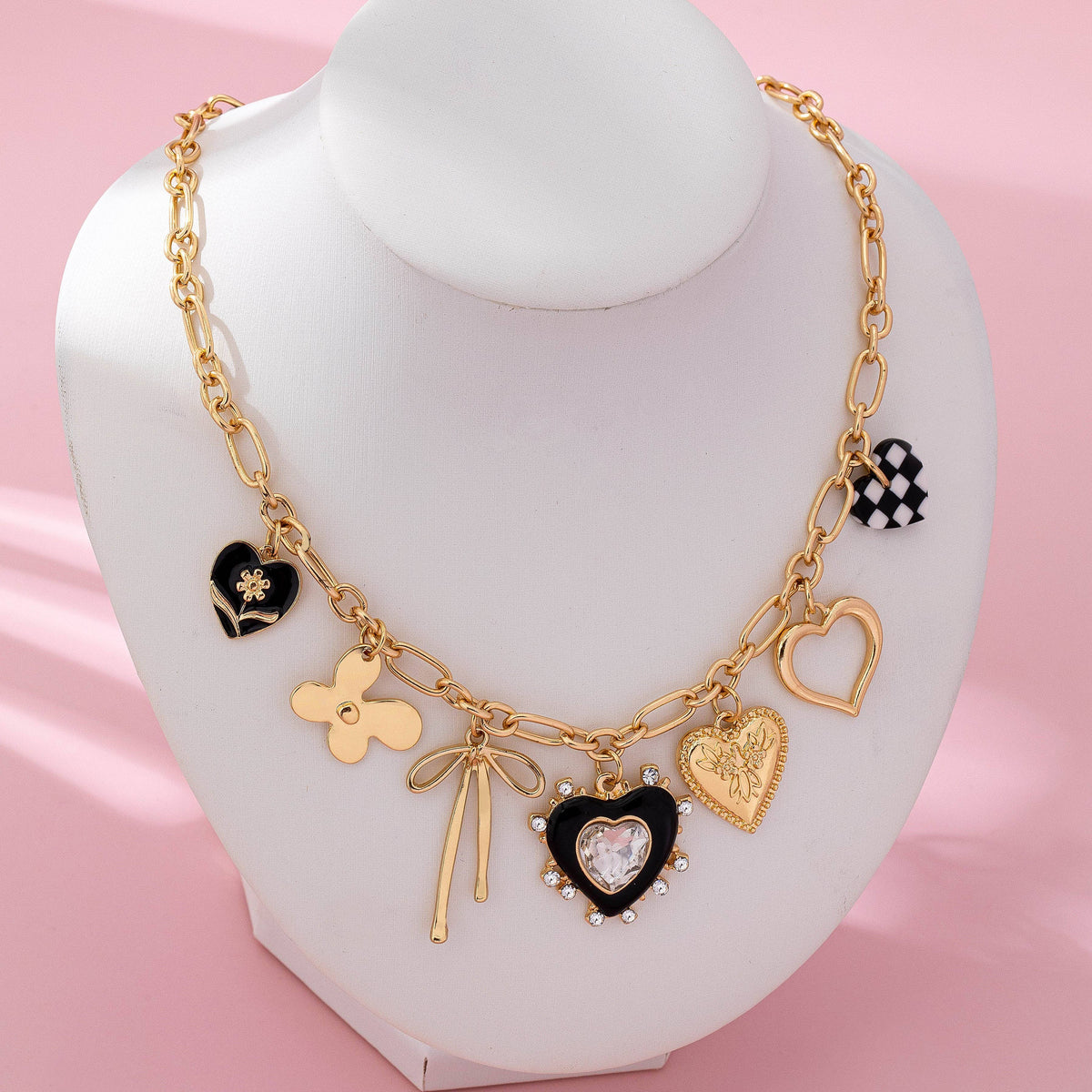 Charm Necklace - Bow Checker Heart Rhinestone