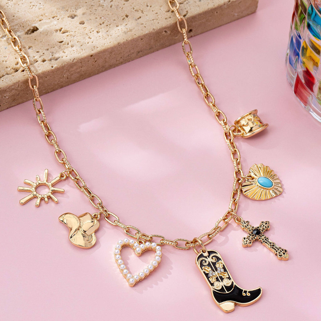 Western Charm Necklace - Boot Cross Heart