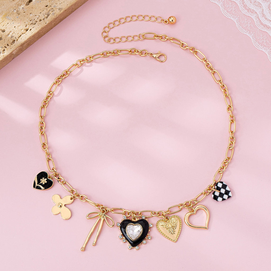 Charm Necklace - Bow Checker Heart Rhinestone