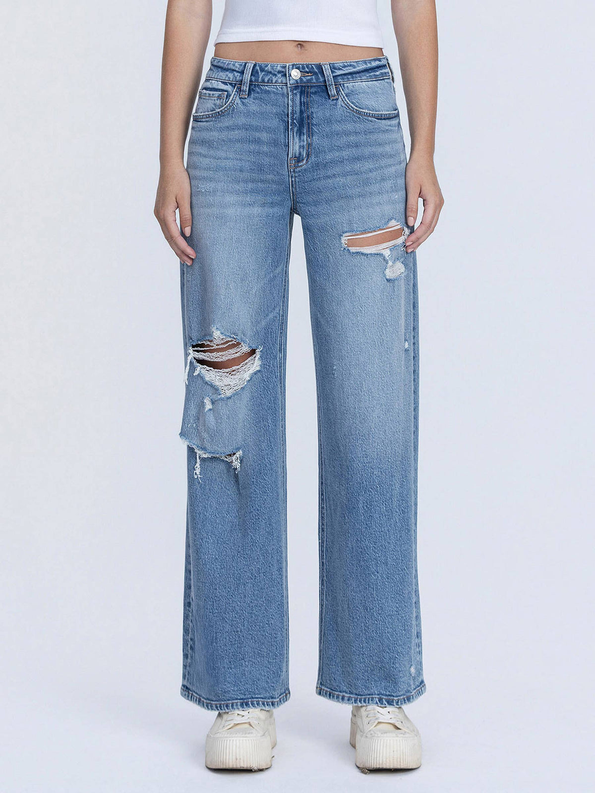 High Rise Medium Wash Distressed Wide Leg Jeans