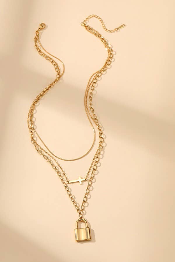 Cross and Lock Gold Layered Necklace
