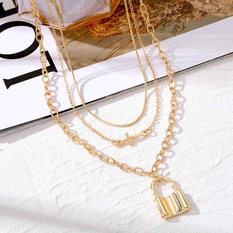 Cross and Lock Gold Layered Necklace